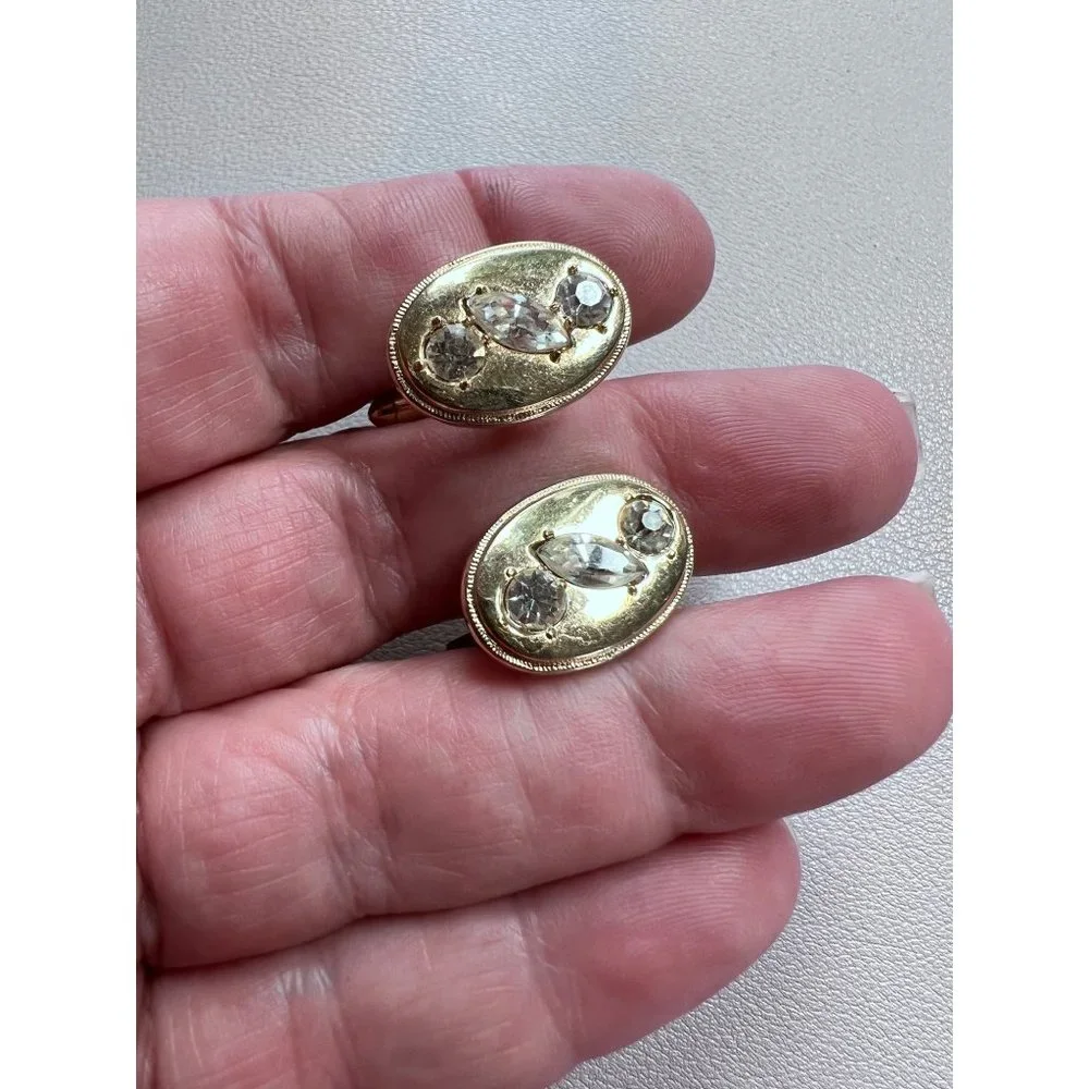 Vintage gold and crystal oval Cuff Links, round and marquis clear crystals